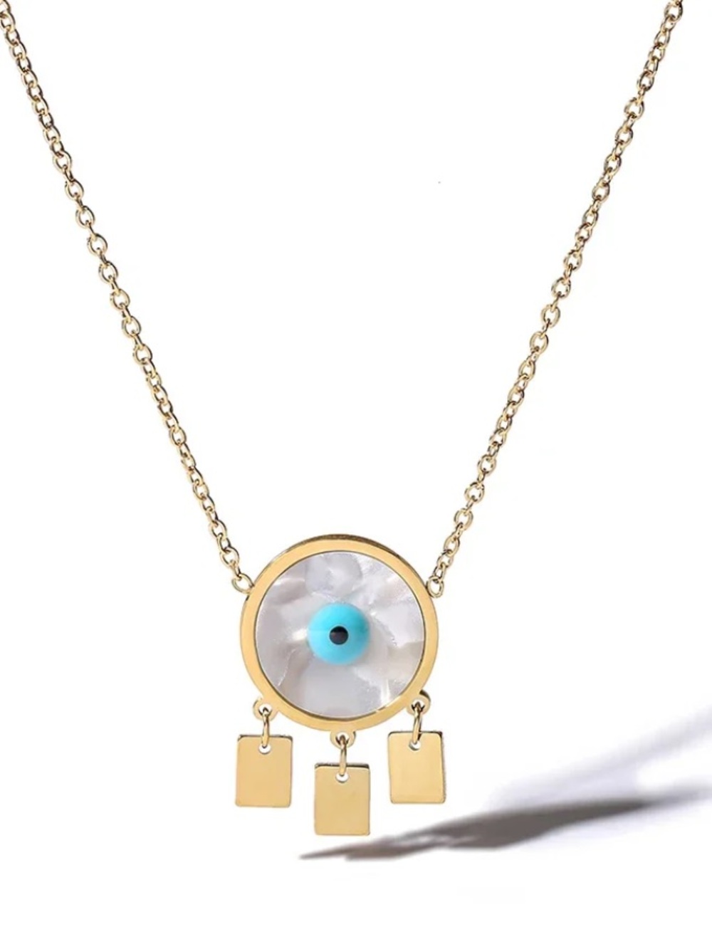 Stainless Steel Ocean Breeze Evil Eye Necklace w Turquoise and Dangling Accents